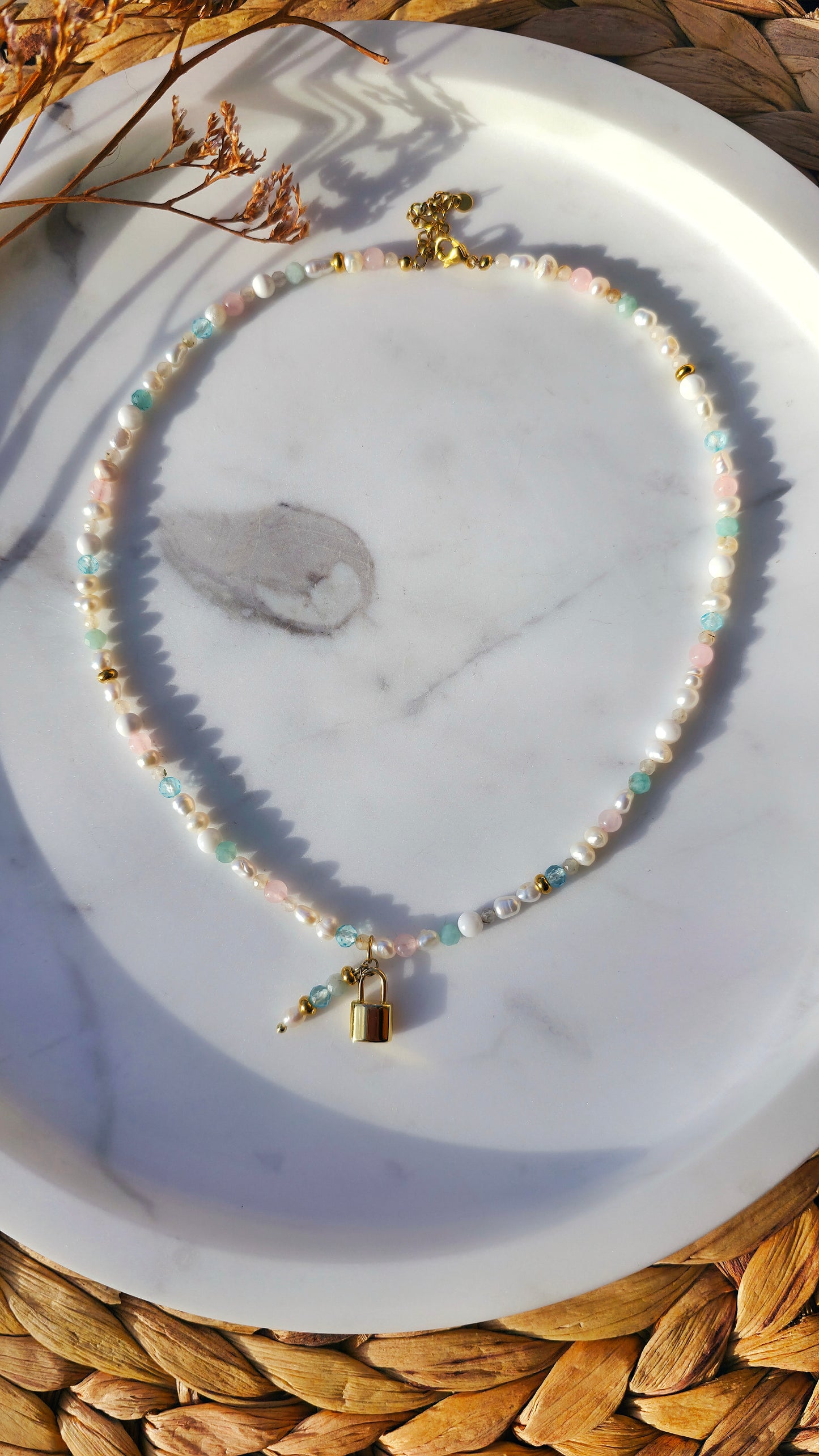 HEALING HEART · Topas, Amazonit, Rosenquarz, Muschelkern & Süßwasserperlen