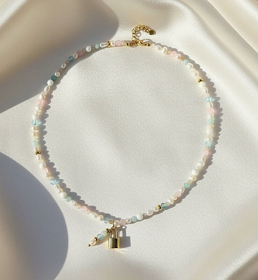 HEALING HEART · Topas, Amazonit, Rosenquarz, Muschelkern & Süßwasserperlen