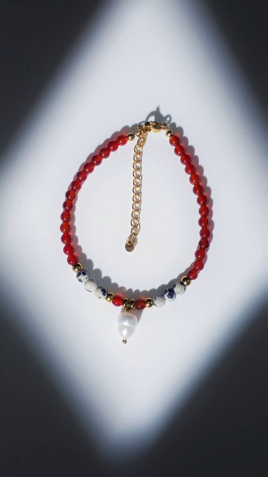 „New Year Focus“ – Karneol, Dalmatiner Jaspis & Perle Armband