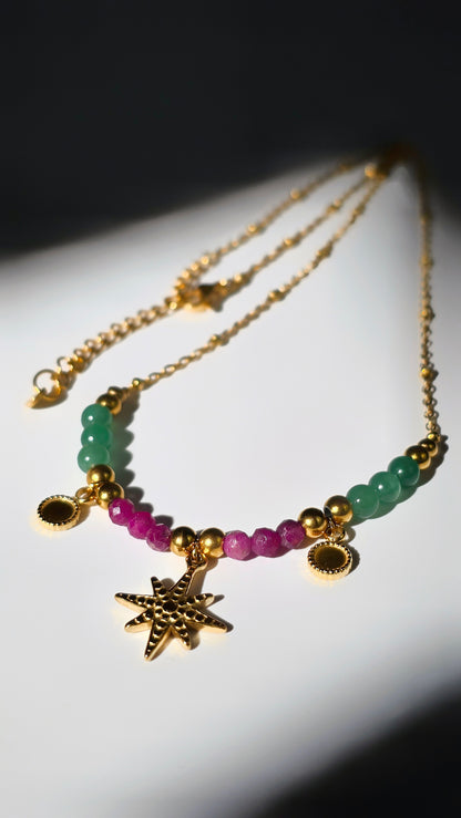 „Starlight Power Necklace" – Rubin, Aventurin, wasserfeste Edelstahlelemente