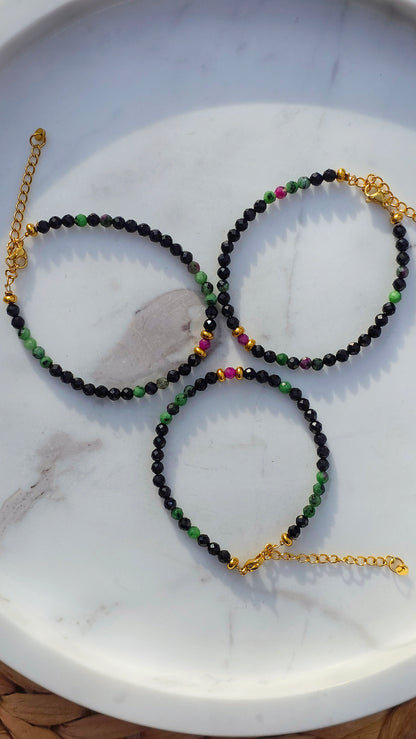 „Double Protection“ – Turmalin • Rubin-in-Zoisit • Rubin Armband + Morsezeichen „Schutz"