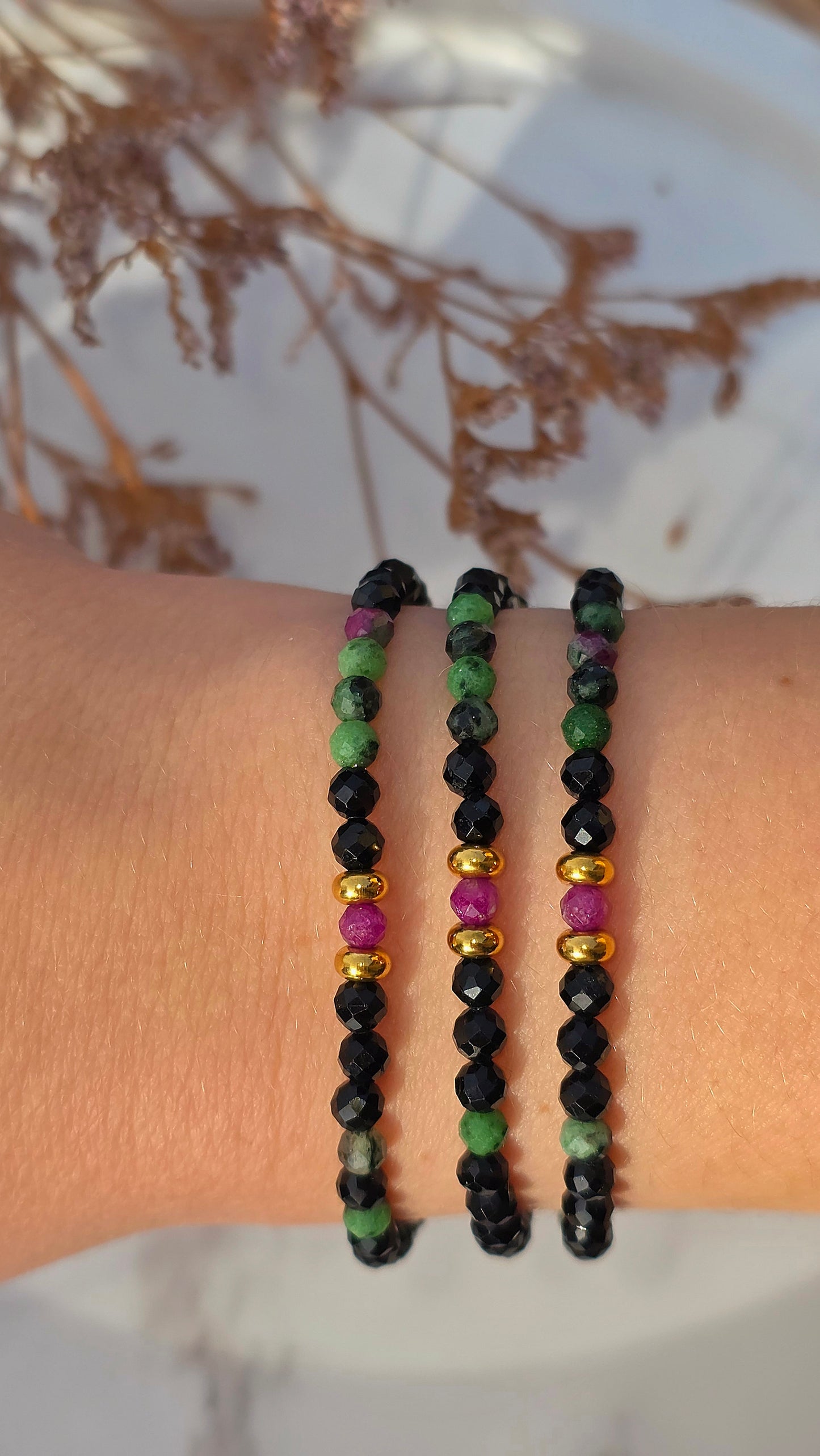 „Double Protection“ – Turmalin • Rubin-in-Zoisit • Rubin Armband + Morsezeichen „Schutz"