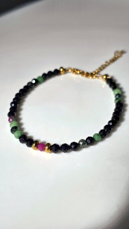 „Double Protection“ – Turmalin • Rubin-in-Zoisit • Rubin Armband + Morsezeichen „Schutz"