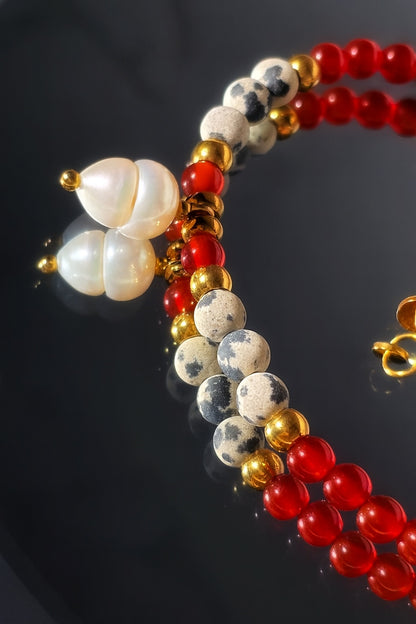 „New Year Focus“ – Karneol, Dalmatiner Jaspis & Perle Armband