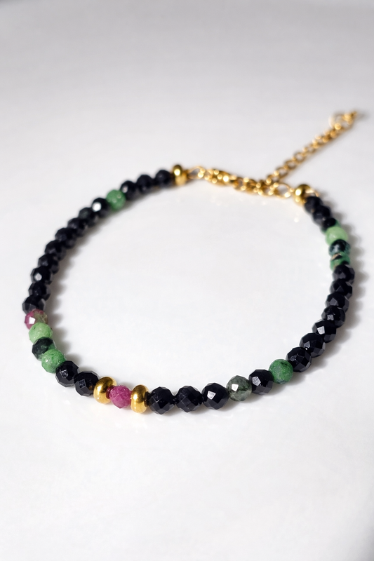 DOUBLE PROTECT · Turmalin · Rubin-in-Zoisit · Rubin · Morsezeichen „Schutz"