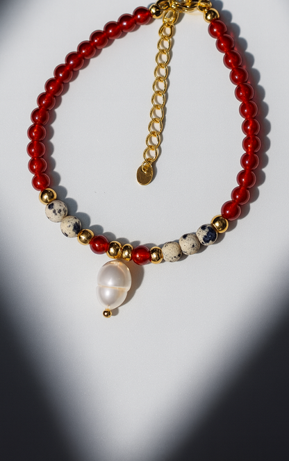 „New Year Focus“ – Karneol, Dalmatiner Jaspis & Perle Armband