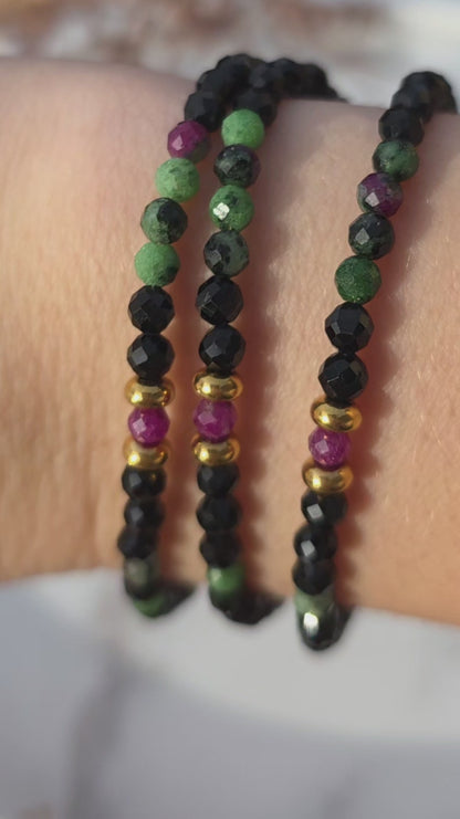 „Double Protection“ – Turmalin • Rubin-in-Zoisit • Rubin Armband + Morsezeichen „Schutz"